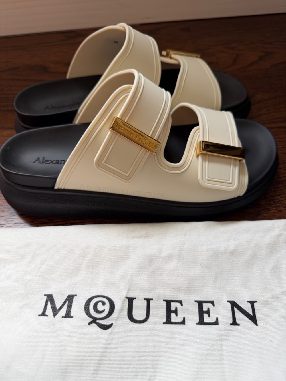 Alexander McQueen HybridCream Black Double-Strap Slide Sandals w/ Gold Accents